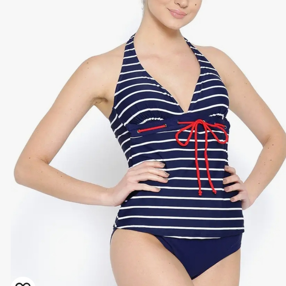 Nautical Striped Halter TankiniNavy blue and white swimsuit 0050